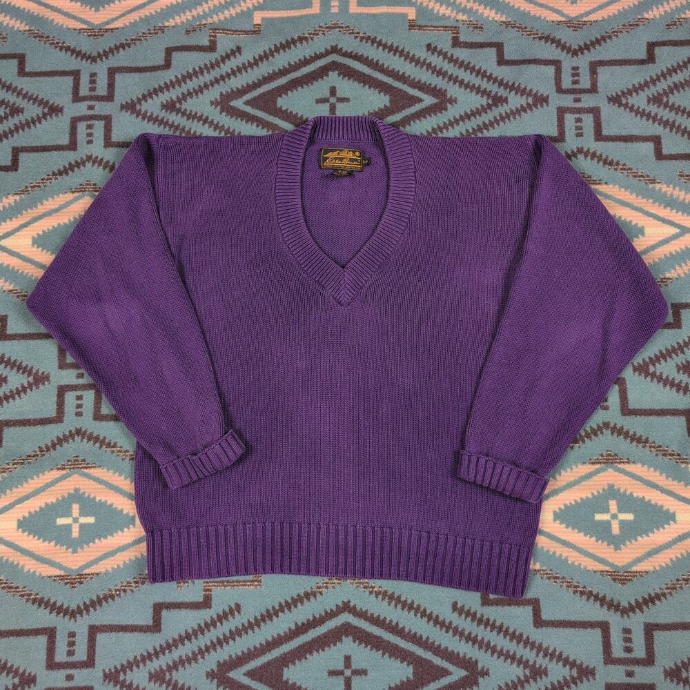 VTG Eddie Bauer Mens Purple V-Neck 100% Cotton Knit 90s Old Money Preppy Small